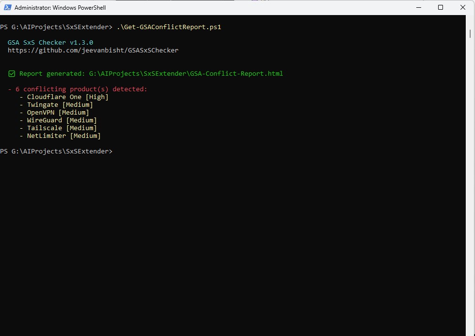 Running the script in PowerShell — conflict summary in the terminal