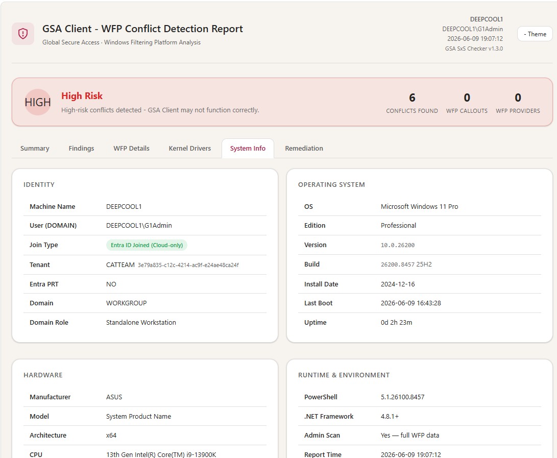 System Info tab — identity, OS, hardware and Entra join status